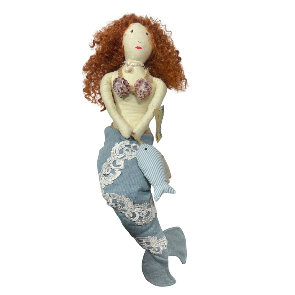 Cracker Barrel Fabric Mermaid Sitter Shelf Decor NWT Nautical Blue Red Hair